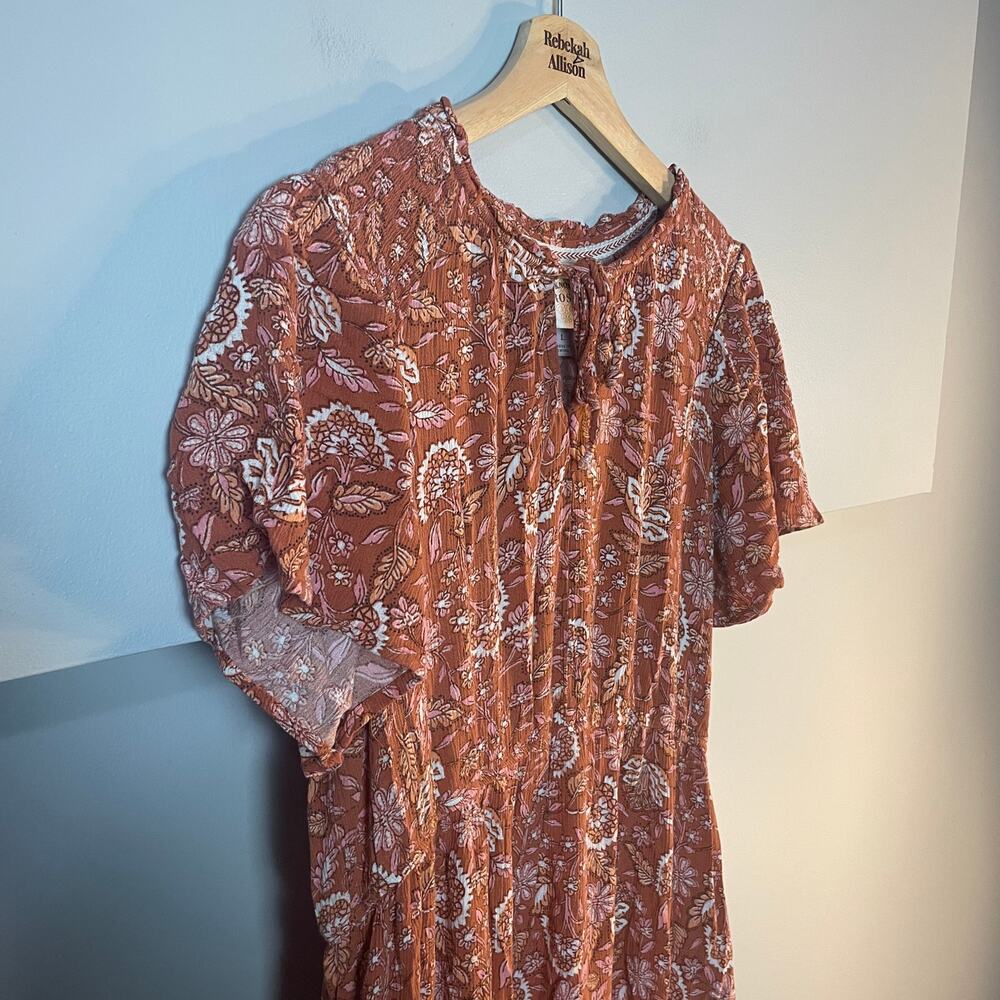 Knox Rose SZ Large Floral Ruffle Short Sleeve Full Length Orange Pink Dress EUC - Picture 7 of 12